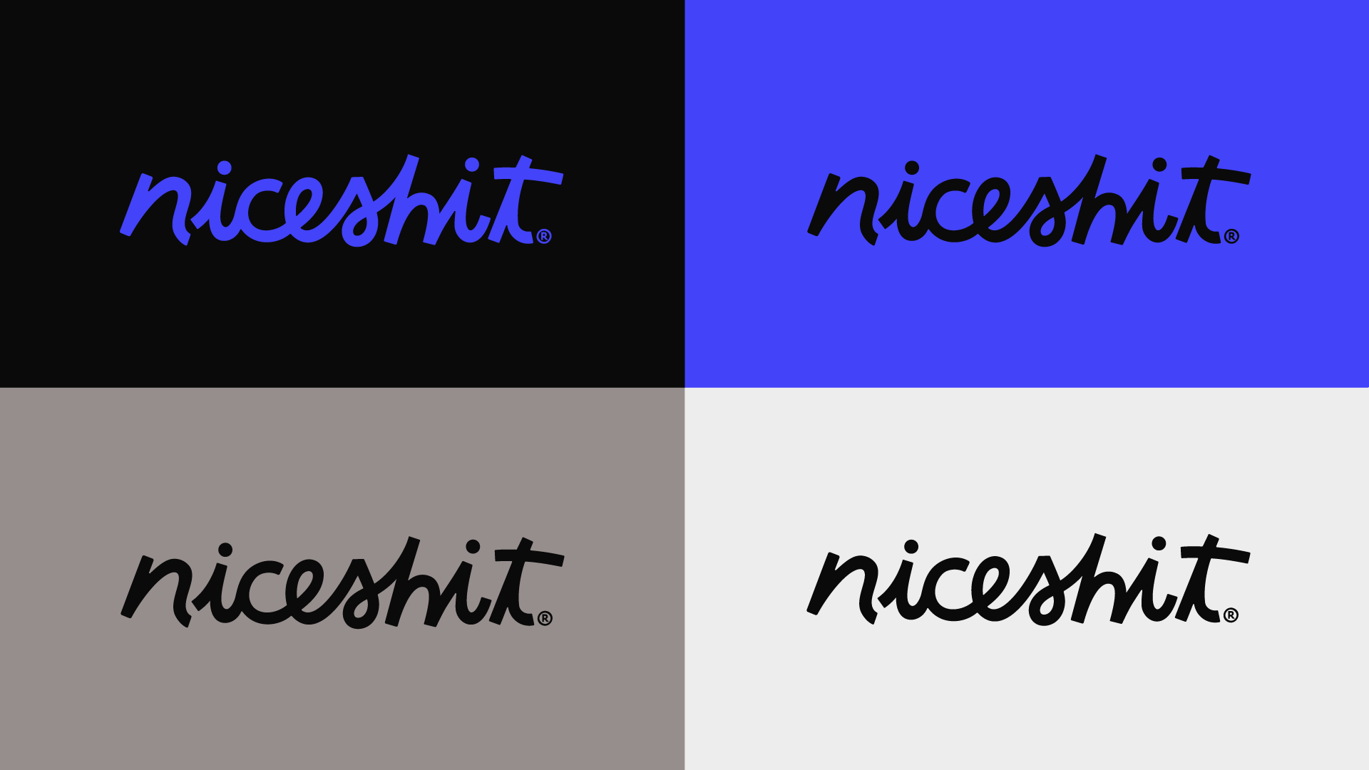 The niceshit wordmark shown in four colorways: black, blue, grey and white.