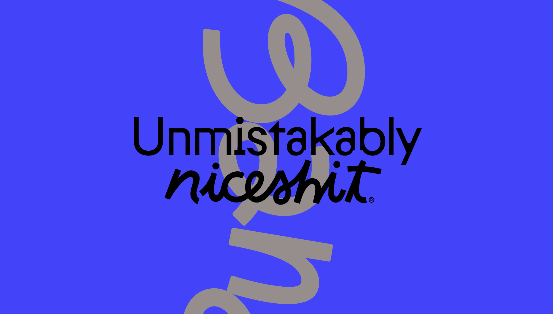 Type lockup reading Unmistakably niceshit on a blue background.