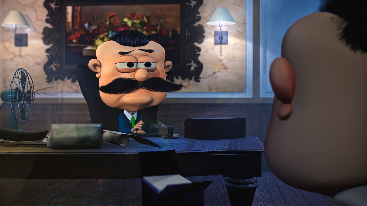 Close shot of Mr. Stingy, a mustached square-headed father in a suit, seated at his desk with a child's head out of focus in the foreground