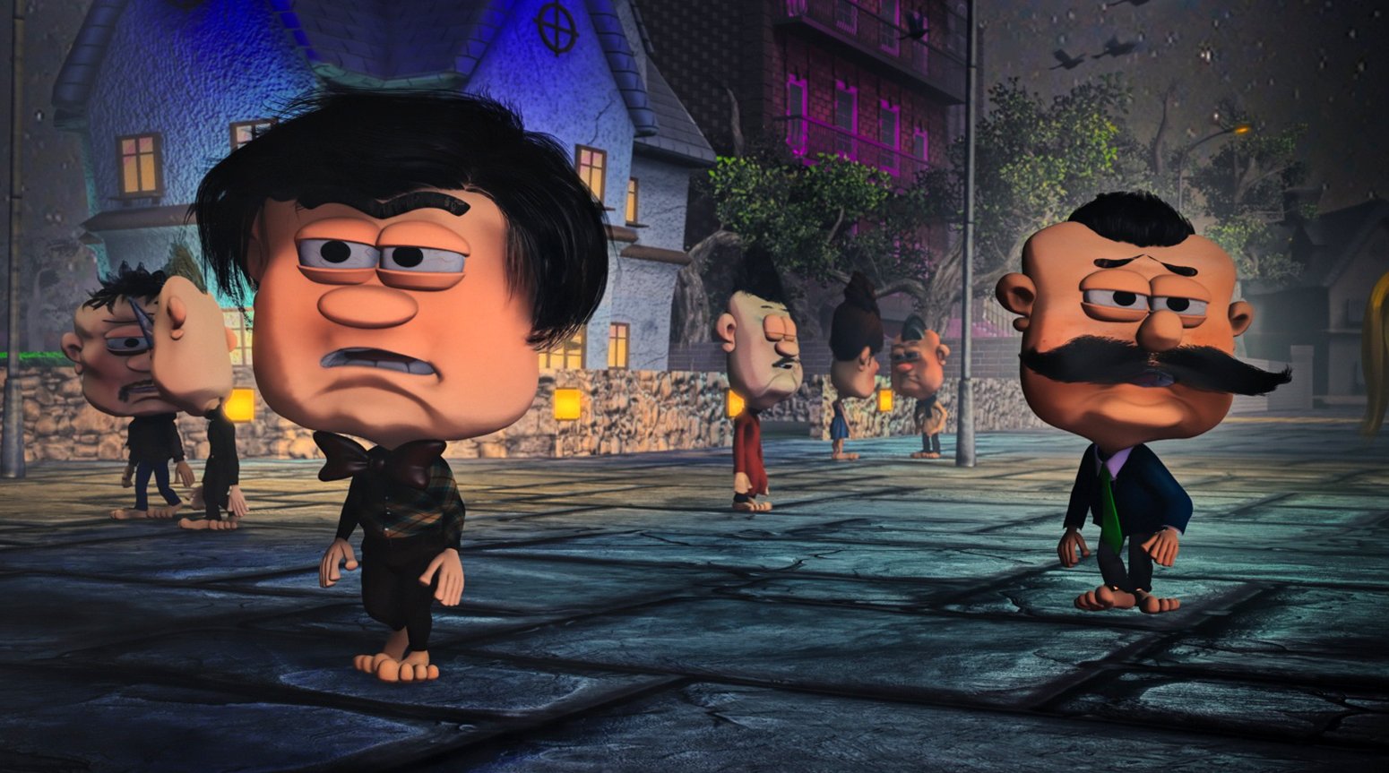 A crowd of square-headed characters on a dark, rain-slicked street at night, lit by warm window glow and neon